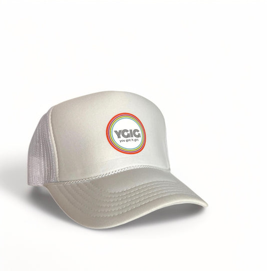 YGIG CIRCLE LOGO WHITE TRUCKER HAT